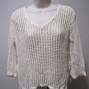 Calvin Klein Sweater Women's Large Crochet Open Knit White Pullover Long Sleeve